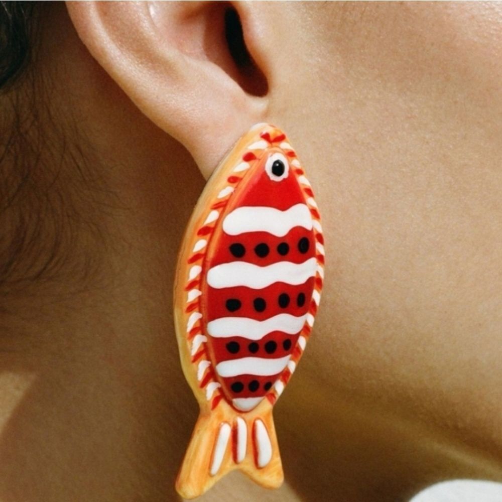New! Zara Orange Striped Fish Coi Gold Fish Statement Earrings • NWOT